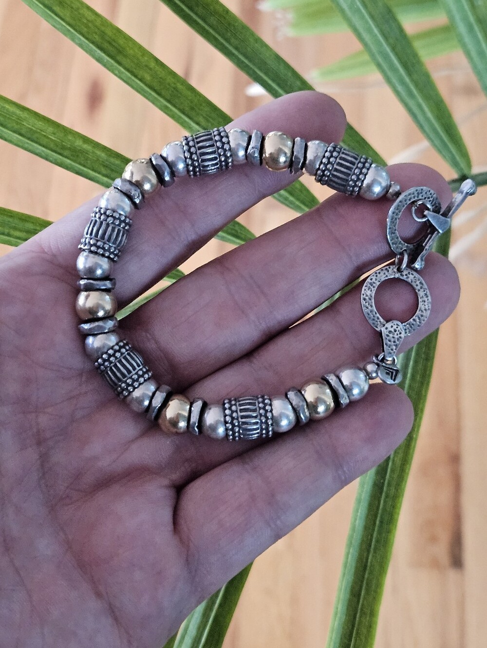 Vintage Silpada Sterling Silver & 14k Gold Beaded Toggle Bracelet 6.75" To 7.25"